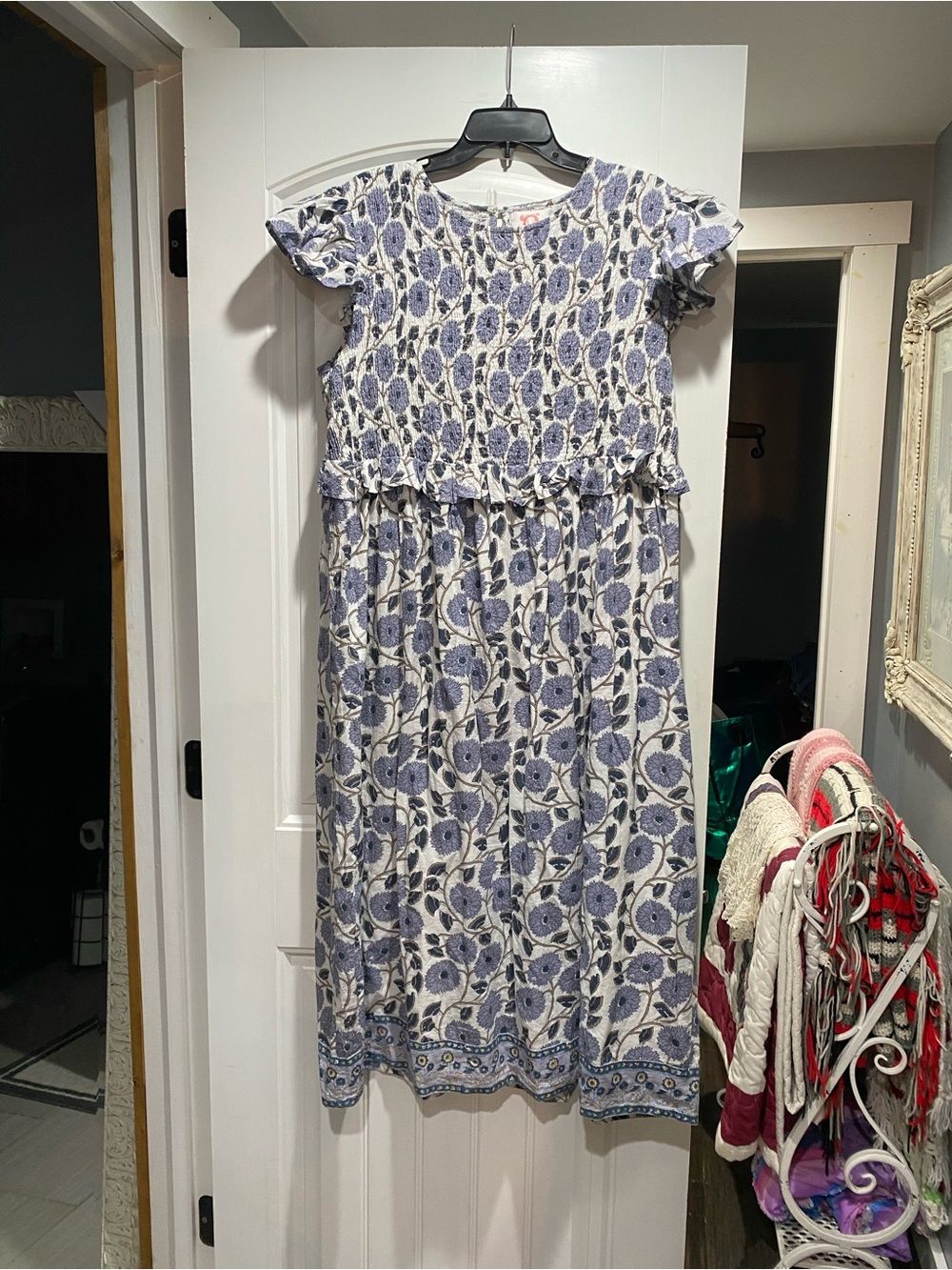 Victoria Dunn Blue and White Floral Ruffle Waist Dress
